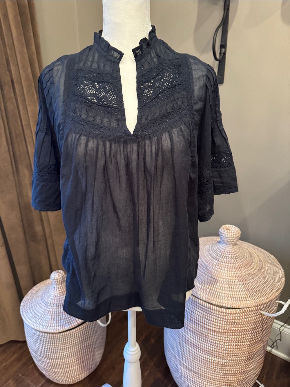Women's Black Lace Yoke Split-Neck Top